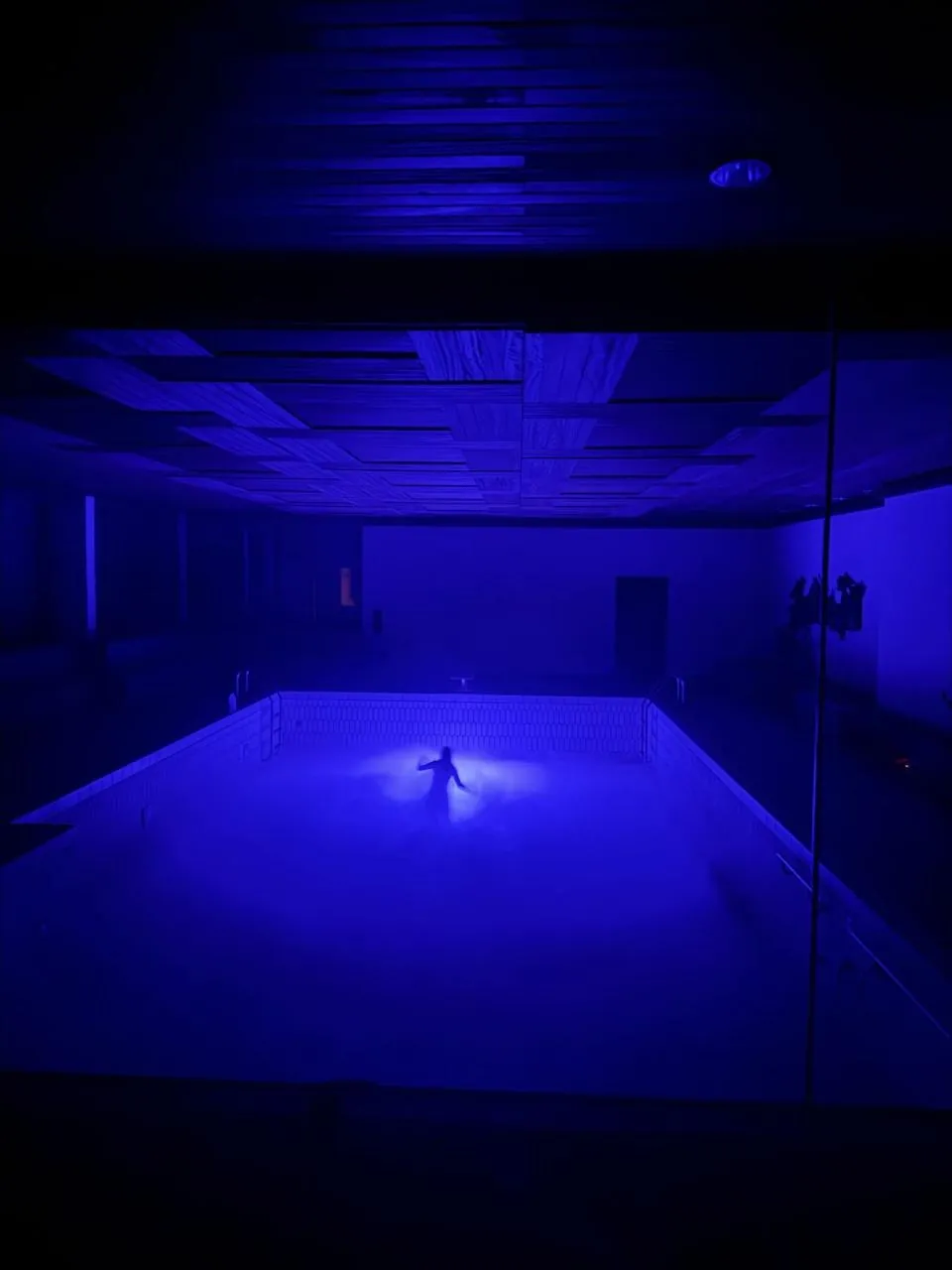 Ein leeres Hallenbad in tiefblauem Licht, in der Mitte des Beckens steht eine einzelne Figur.